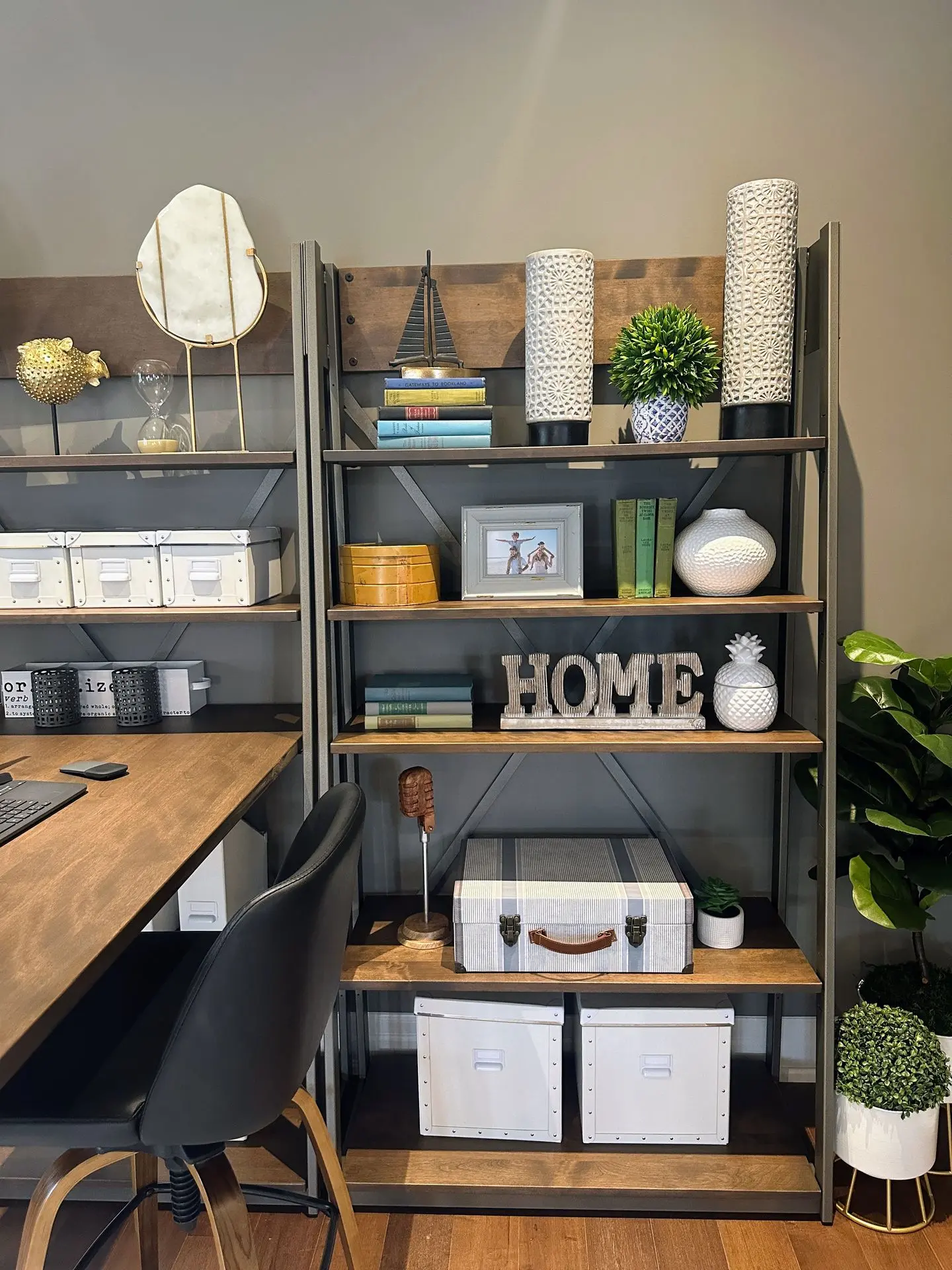 Office space with shelves and storage